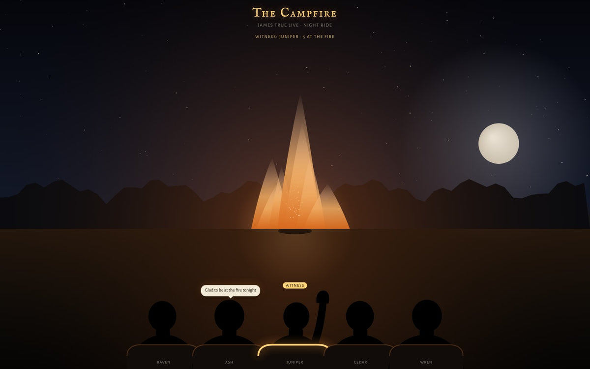 The Campfire on jtrue.com: five silhouettes in theater seats facing a campfire under a full moon
