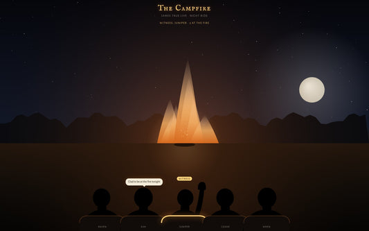 The Campfire on jtrue.com: five silhouettes in theater seats facing a campfire under a full moon